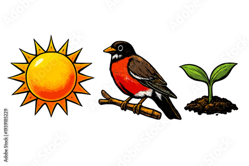 Bright sun bird on a branch and plant growing in soil during spring