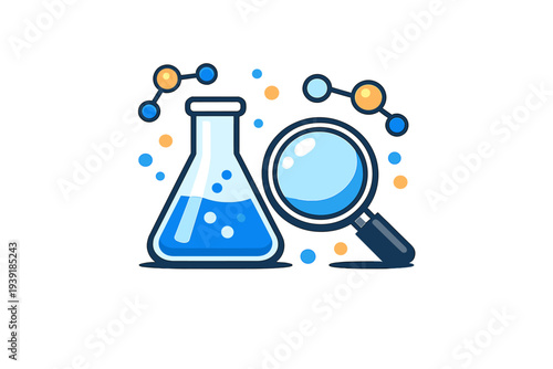 Science lab with flask and magnifying glass presenting chemical study
