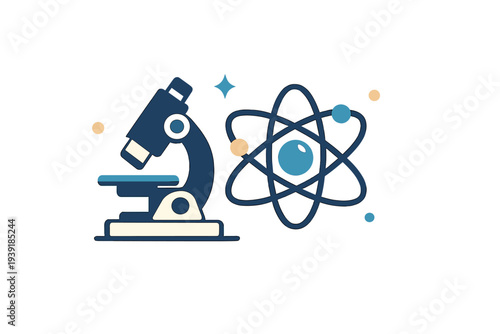 Science equipment showing microscope and atom symbol in digital design