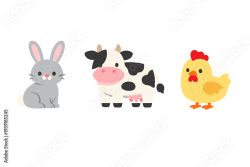 Cute cartoon animals in farm setting with rabbit cow and chicken in a