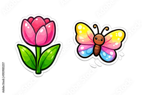 Bright butterfly and pink flower sit side by side on a plain