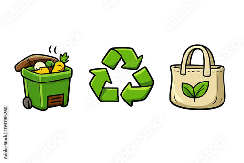 Symbols representing waste management recycling and reusable bags for