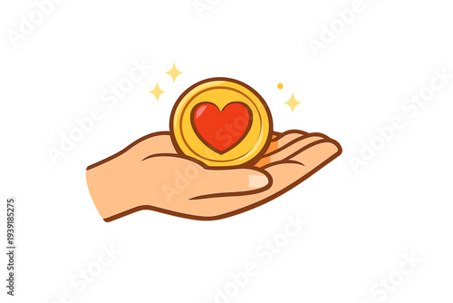 Hand holds a coin with a heart symbol representing love and generosity