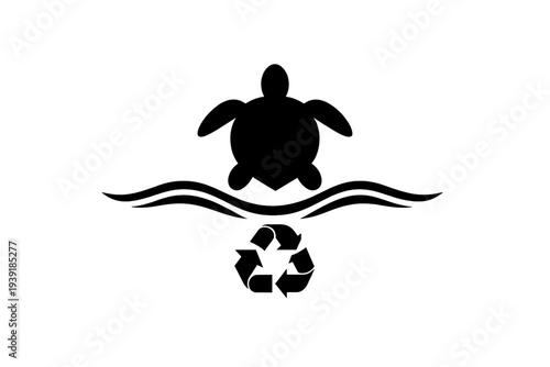 Turtle swimming over waves with recycling symbol below during a clean