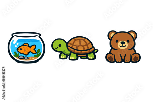 Fun and colorful cartoon animals including a goldfish turtle and bear