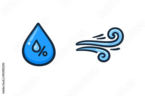 Illustration of water droplet and wind symbol depicting weather