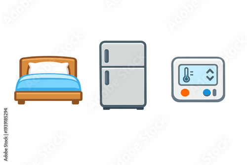 Different elements of a home include a bed a refrigerator and a