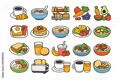 Breakfast foods and drinks displayed in colorful graphics featuring