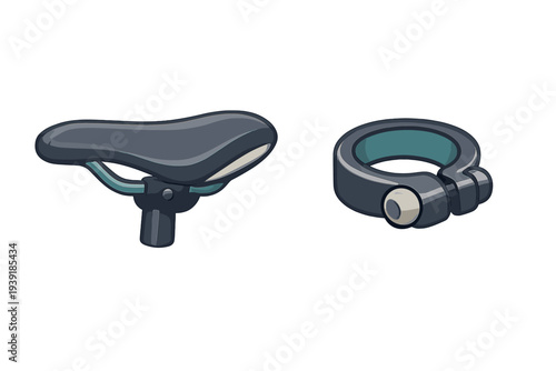Bike seat and seat clamp shown together on a white background for