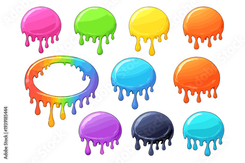 Colorful paint drops in different shapes on white background with some