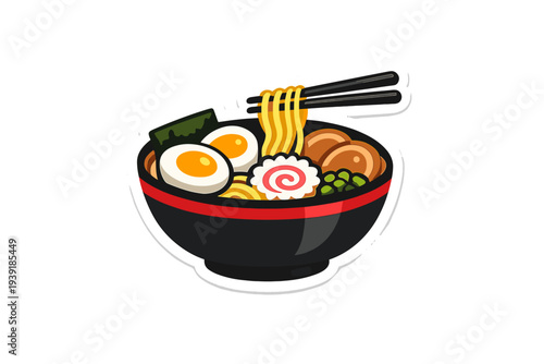 Delicious bowl of ramen with eggs and toppings ready to be enjoyed at