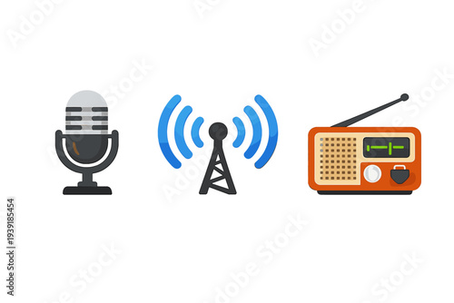 Microphone radio tower and radio set appear together in a simple