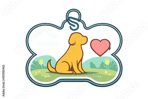Dog sits with heart in a grassy area during daytime outdoors with a