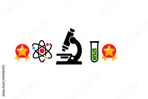 Science awards display with microscope test tube and atomic symbol on