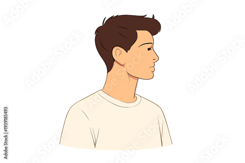 Profile view of a young person with short hair in a casual shirt