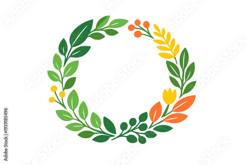 Floral wreath design made with various leaves and flowers in multiple