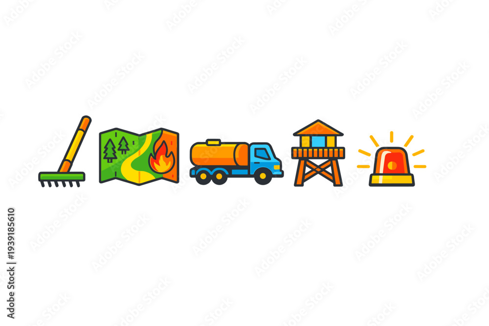 Fototapeta premium Tools and symbols used in fire management and prevention during