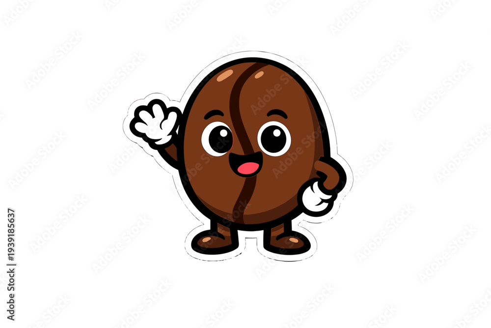 Obraz premium Cute cartoon coffee bean character waving happily from a cheerful