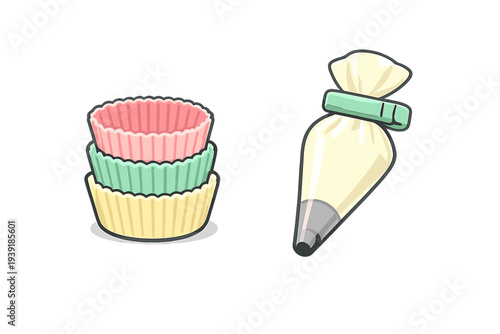 Colorful cupcake liners and a piping bag on a white background for