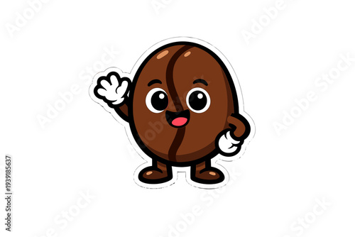 Cute cartoon coffee bean character waving happily from a cheerful