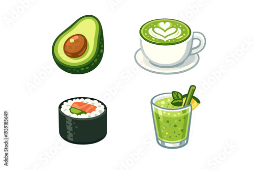 Food stickers featuring avocado matcha latte sushi and green drink at