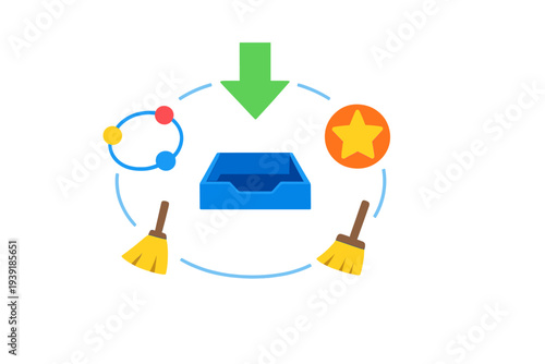 Following steps to organize a workspace with a blue box and cleaning