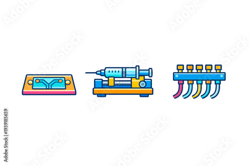 Visually simplified drawing of a cassette tape a syringe and a