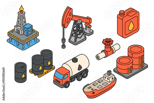 Oil industry equipment and components displayed in a simple graphic