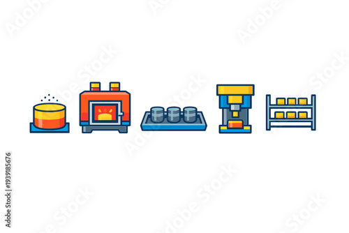 Different stages of a manufacturing process showing a furnace trays