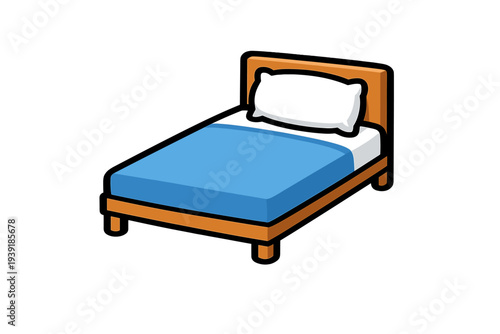 Bed with a blue mattress and white pillow on a wooden frame placed in