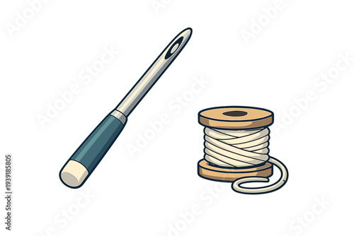 Sewing needle and thread spool sitting on a white background ready for
