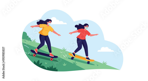 Two young women wearing face masks and casual clothes while skateboarding down a green grassy hill against a blue sky.