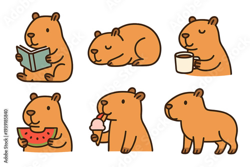 Cute capybaras engaging in different activities showcasing their calm