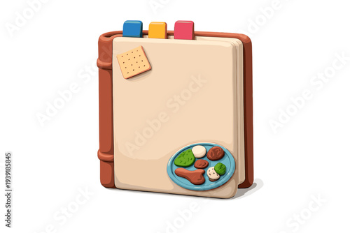 Cookbook made with clay showing food items and colorful tabs on the