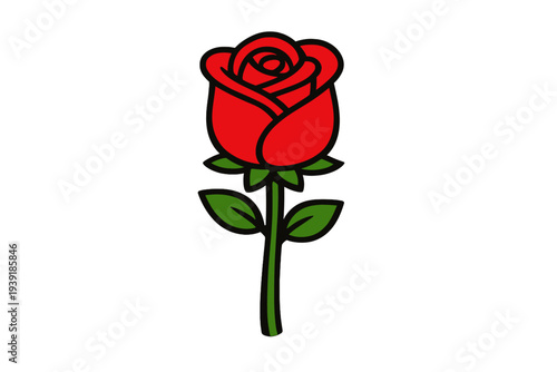 Red rose with green leaves on a stem standing alone against a white