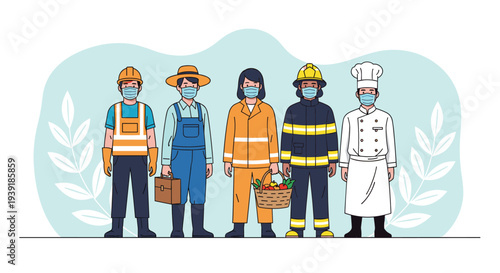Diverse group of essential workers including a builder, farmer, officer, firefighter, and chef wearing protective face masks.