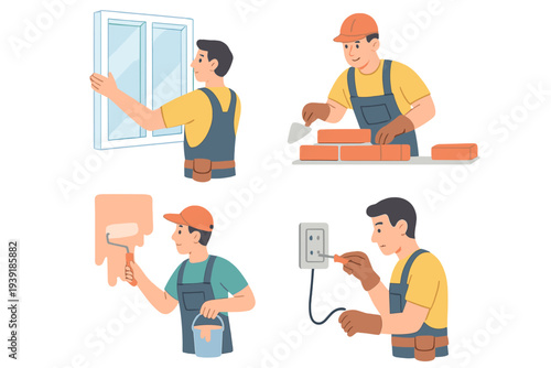 Workers completing home repair tasks indoors and outdoors during