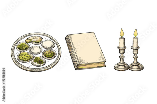 Different food items along with a book and two candle holders placed