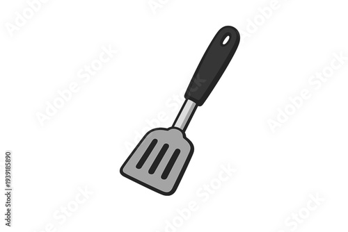 Spatula with black handle and slotted head is placed on a white
