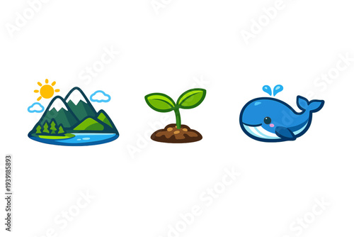 Colorful illustrations of nature plants and marine life shown in a