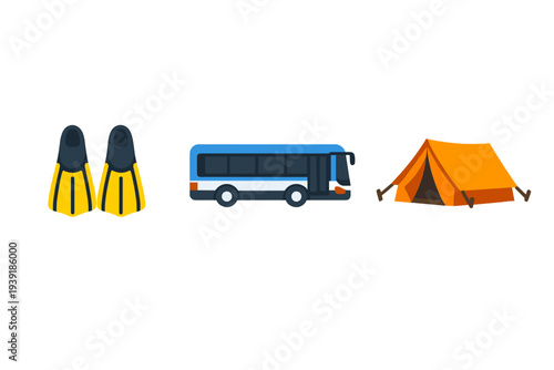 Equipment for a camping trip with bus and tent displayed together with