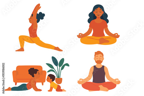 Yoga and mindfulness practices at home with family in a bright living