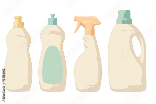 Different types of cleaning bottles on a white background ready for