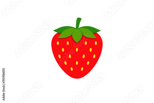 Bright red strawberry with green leaves on a white background showing