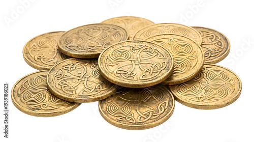 A pile of gold coins with intricate designs.