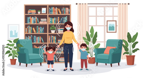 Mother and her two children wearing face masks and practicing safe distances while inside a cozy home library room.