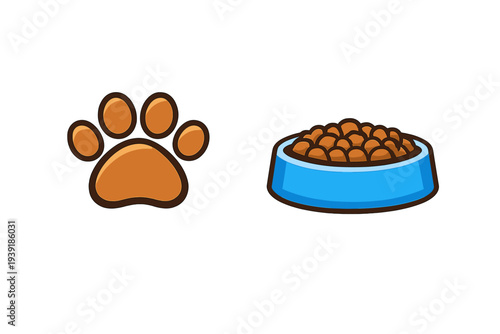 Illustration of a paw print and a bowl of pet food next to each other