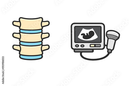 Image shows vertebrae and ultrasound machine used in medical diagnosis
