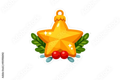 Gold star ornament with green leaves and red berries during holiday
