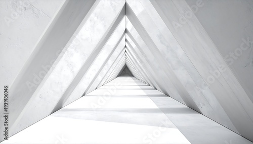 White triangle tunnel with converging lines and light, creating depth and a minimalist aesthetic